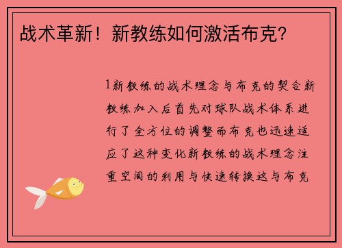 战术革新！新教练如何激活布克？